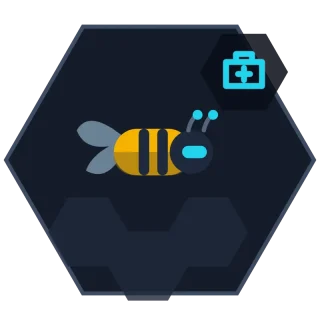 Dependency & Patch Agent avatar: a hex-framed bee carrying a sealed patch to a weakened cell